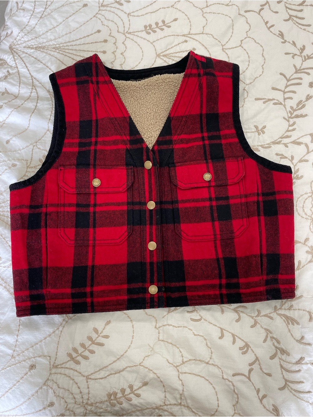 Banana Republic Wool Red & Black Plaid Sherpa-Lined Vest XS